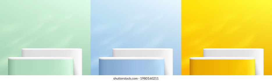Set of abstract yellow, blue, green and white round corner platform podium. Window lighting. Pastel minimal wall scene collection design. Vector rendering 3d shape for product display presentation.