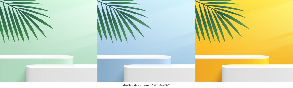 Set of abstract yellow, blue, green, white round platform podium. Window lighting. Green palm leaf. Pastel minimal wall scene collection. Vector rendering 3d shape for product display presentation.