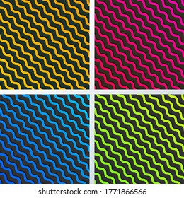 Set of abstract yellow, blue, pink and green diagonal wave lines pattern with shadow on black background and texture. Vector illustration