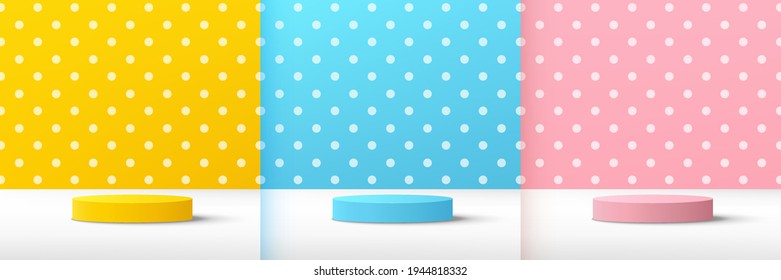 Set of abstract yellow blue pink cylinder pedestal podium, Pastel and white polka dot pattern background. Vector rendering 3d shape, Cosmetic product display presentation. Minimal wall scene.