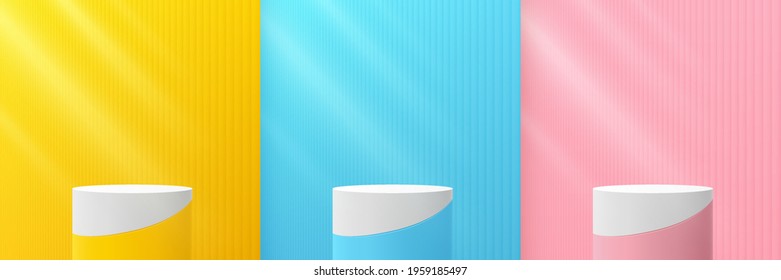 Set of abstract yellow, blue, pink cylinder pedestal podium. Pastel color vertical pattern texture background. Vector rendering 3d shape. Cosmetic product display presentation. Minimal wall scene.