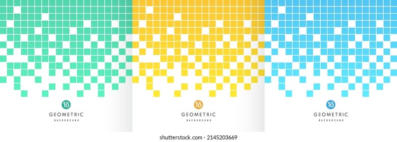 Set of Abstract yellow, light blue and green color square pixel transition on white background with copy space. Simple flat pastel color design. Pattern minimal style collection. Vector illustration