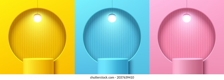 Set of abstract yellow, pink and blue cylinder pedestal or podium with circle window and hanging lamp. Pastel scene collection. Vector rendering geometric platform for product display presentation.