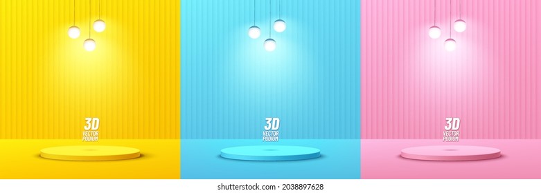 Set of abstract yellow, pink and blue cylinder pedestal or podium with hanging lamp. Pastel scene collection. Vector rendering geometric platform for product display presentation. Studio room concept.