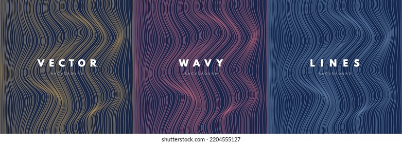 Set of abstract yellow, pink, blue curve wavy lines textures on dark blue background. Simple flat pattern design with copy space. Use for cover template, poster, web banner web, Print ad. Vector EPS10