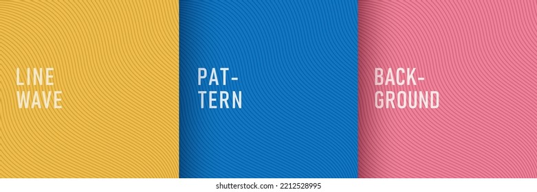 Set of abstract yellow, pink, blue curve wave lines stripes textures background. Simple flat minimal pattern design with copy space. Use for cover template, poster, web banner, Print ad. Vector EPS10.