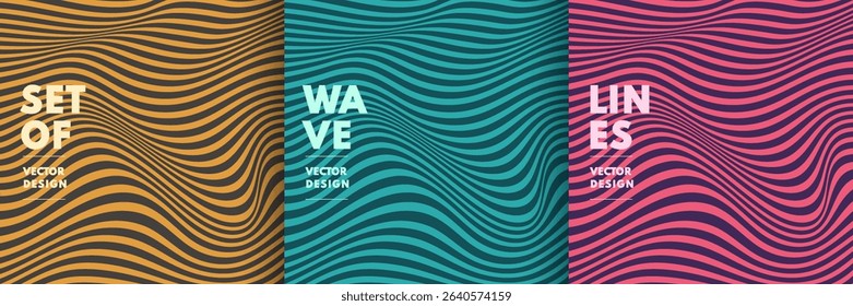 Set of abstract yellow, pink, blue curve wave lines stripes on dark background. Simple flat minimal pattern design with copy space. Use for cover template, poster, web banner, Print ad. Vector EPS10.