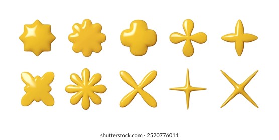 Set of abstract yellow shapes and symbols in glossy 3D style. Flower shaped forms for creative design projects. Vector illustration perfect for decoration, pattern design