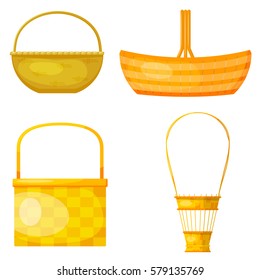 Set of abstract yellow woven baskets. Cartoon style. Sleek design. Wicker baskets. Vector illustration