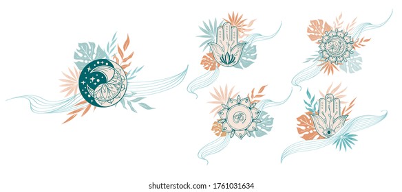 Set of abstract Yoga composition with mandala, moon, hamsa, om, tropical leaf in beige, green, terracotta colors. Indian linear floral illustration. Vector template for postcard, t-shirt design.