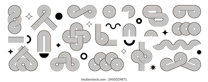 Set of abstract zen geometric line arches and circle shapes. Linear outline retro paterns. Minimal boho simple vector illustration with editable stroke figures. Design for poster, flyer, card