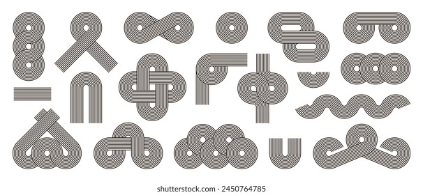 Set of abstract zen geometric line arches and circle shapes. Linear outline retro paterns. Minimal boho simple vector illustration with editable stroke figures. Design for poster, flyer, card