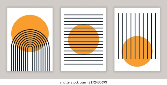 Set von abstrakten ästhetischen Illustrationen. Bild des gelben Kreises neben dunklen Linien. Minimalistisches Design für Poster, Drucke, Wallpaper. Cartoon-Flachvektorkollektion einzeln auf grauem Hintergrund.