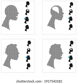 Set. Abstraction mosaic based Emotion head icons. Mosaic vector head consists of round elements. Added bonus icons.