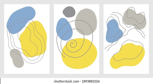 A set of abstractions of spots of different shapes and dotted lines made in pantone colors yellow gray and blue
