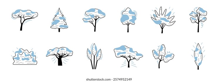 set of abstractly designed trees with light blue foliage suggesting a cold season.