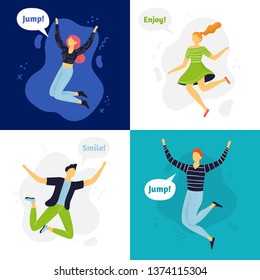 Set of abstracts jumping people. Flat design. Funny women and men in cartoon style. Vector illustration. Can be used for banner, postcard, websites or ads.