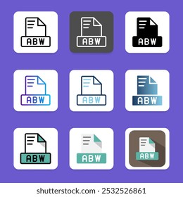 Set abw file format icons for digital purposes, extension, file type, document and folder.