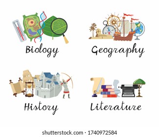 A set of academic disciplines. Biology, Geography, History, Literature for school notebooks