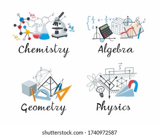 A set of academic disciplines. Chemistry, Algebra, Geometry, Physics for School Notebooks