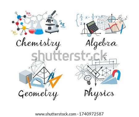 A set of academic disciplines. Chemistry, Algebra, Geometry, Physics for School Notebooks