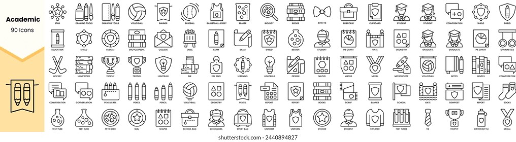 Eine Reihe von akademischen Symbolen. Einfache Line-Art-Stil-Symbole packen. Vektorgrafik