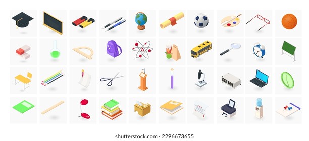 Set of academy icons. Colorful isometric 3d buttons for communication in web chat. Contains such of geography, chemistry, physics science. Hat graduation, knowledge, microscope. Vector illustration