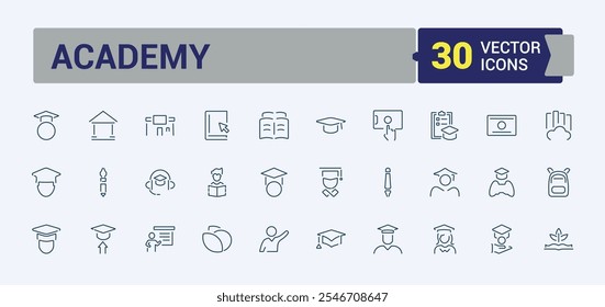 Conjunto de ícones de linha da Academia. Contém relacionados a globo, academia, aprendizagem, educação, livro e muito mais. Design de ícones isolados. Ícone e ilustração editáveis do vetor de traçado.