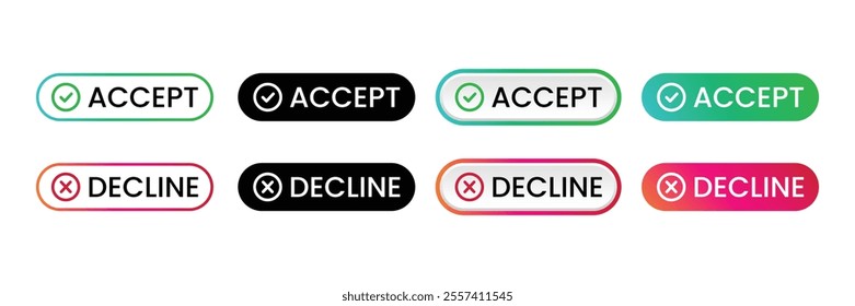 Set of accept and decline buttons collection. Colorful buttons with tick and cross sign. Vector Illustration.