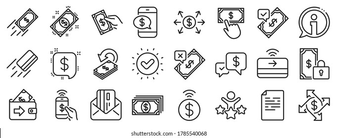 Set of Accept money transfer, Pay with Phone and Credit card by mail icons. Payment wallet line icons. Online payment, Dollar exchange and Fast money send. Private pay, Cash and Wallet. Vector