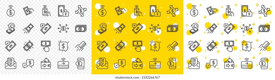 Juego de aceptar transferencia de dinero, Pagar con teléfono y tarjeta de crédito mediante iconos de correo. Iconos de la línea de la cartera de pagos. Pago en línea, cambio de dólares y envío rápido de dinero. Pago privado, Efectivo y Cartera. Vector