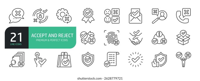 Conjunto de iconos de línea de aceptación y rechazo.