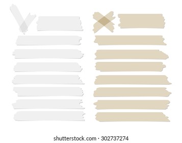 Set of accept or yes, cross and different size adhesive tape pieces on white background