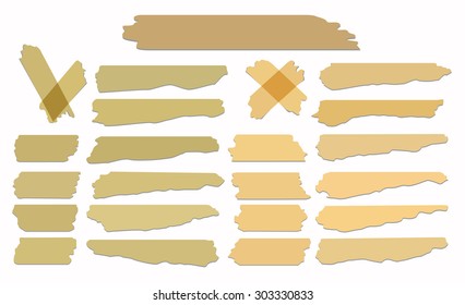 Set of accept or yes, cross and different size adhesive tape pieces on white background