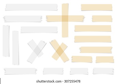 Set of accept or yes, cross and different size adhesive tape pieces on white background