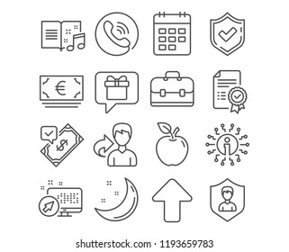 Set of Accepted payment, Euro currency and Certificate icons. Music book, Upload and Portfolio signs. Calendar, Wish list and Security agency symbols. Bank transfer, Eur banking, Verified document