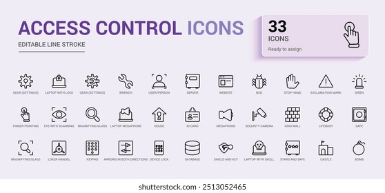 Set of access control icons. House protection, smart house icon, Outline icon collection, line icon set for web and ui. Editable stroke. Vector illustration with icon names.