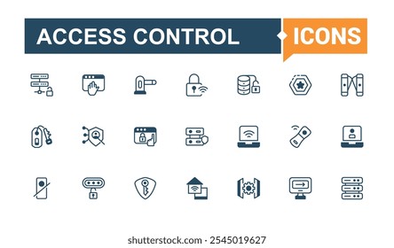 Conjunto de ícones de linha de Controle de Acesso. Contém ícones como criptografia, sistema, informações, digital, definição. Ícones finos modernos. 