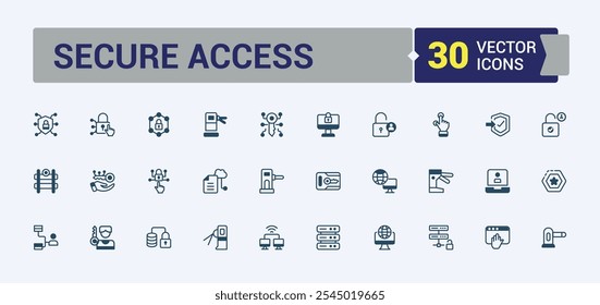 Conjunto de ícones de linha de Controle de Acesso. Contendo sistema, digital, gerenciamento, propriedade, informações, criptografia, definição e muito mais. Coleção de símbolos de tópicos. Traçado editável.