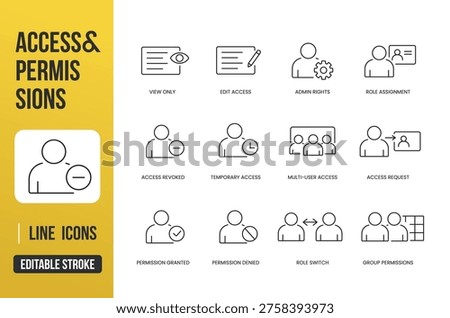A set of access control and permission UI icons for user roles, authorization states, and account management in workflow systems, web and app interfaces, line style with editable stroke