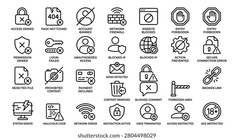 Set of access denied and error line icons. Includes symbols for security issues, restricted access, connection problems, and website blocks. Ideal for illustrating various digital security concerns, system failures, and content restrictions in user interfaces and error messages.