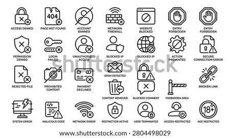 Set of access denied and error line icons. Includes symbols for security issues, restricted access, connection problems, and website blocks. Ideal for illustrating various digital security concerns, system failures, and content restrictions in user interfaces and error messages.