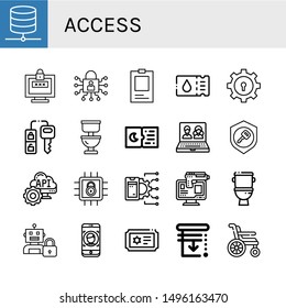 Set of access icons such as Database, Password, Lock, ID, Ticket, Car key, Toilet, Tickets, Online, Key, Api, Online robbery, Face id, Blinds, Wheelchair , access