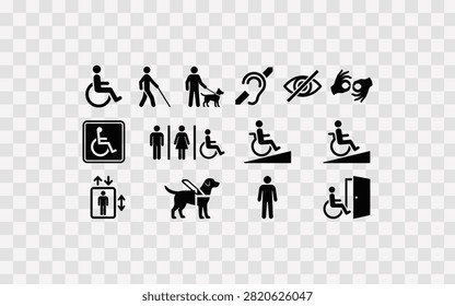Set of accessibility and disability icons, including wheelchair access, blind person with cane, guide dog, hearing impaired, and elevator symbols