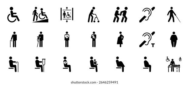  Conjunto de ícones de acessibilidade que mostram o suporte a pessoas com deficiência, auxílio à mobilidade, deficiência auditiva e visual, assistência a idosos, assentos inclusivos, criação de filhos e assistência médica.