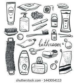 Set with accessories for bathroom, shower and beauty. Vector graphic, doodling, sketch. Including dental floss, cream, toothpaste, toothbrush, scissors, soap, perfume, towel, shower gel, deodorant etc