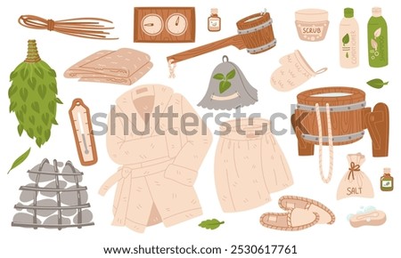 set of accessories for baths, saunas, spas. The items are wooden ladle, bucket of water for wellness, a massage broom made of green leaves, coals, hat, thermometer, bathrobe, washcloth, pumice stone