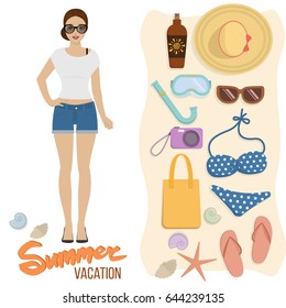 Set of accessories for a beach holiday as beach bag, hat, flip flops, swimsuit. Girl on summer vacation by the sea. Vector
