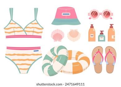 Set of accessories for beach holiday: two-piece women's swimsuit, Panama hat, flip-flops, sunglasses, sunscreen, inflatable striped swimming circle, seashells. Vector illustration on white background.