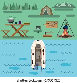 A set of accessories with a boat for traveling through the forest and rivers. For active and nature-loving people. Flat drawing.